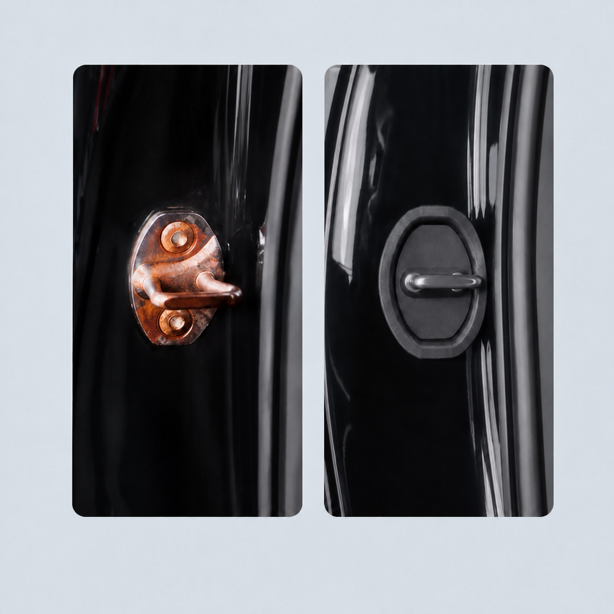 Before and after: rusted door striker versus striker protected by the silicone damper